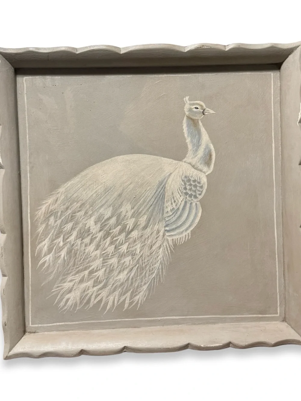 Vintage Hand Painted White Peacock Wood Tray Wall Art 24x24